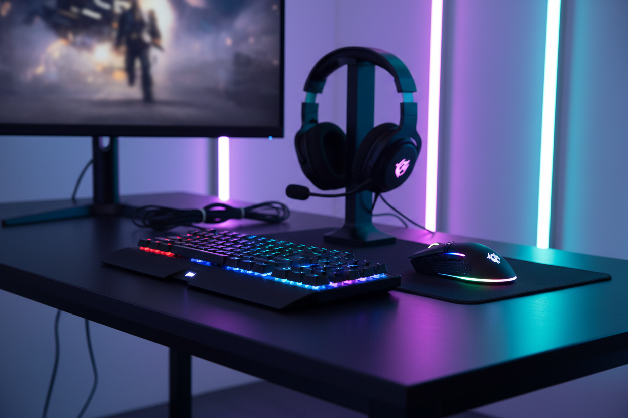 Gaming setup with RGB keyboard, mouse and headset